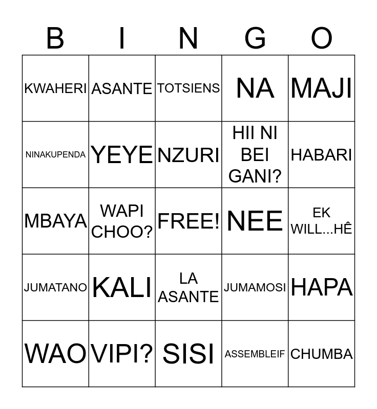 SWAHILI BINGO Card