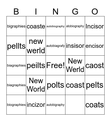 Vocabulary Bingo Card