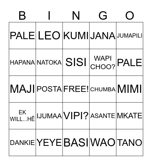 SWAHILI BINGO Card