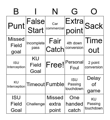 Game Day Bingo Card