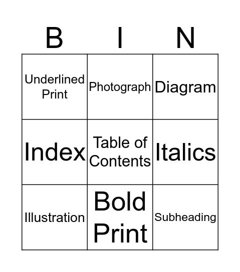 TEXT FEATURE BINGO Card