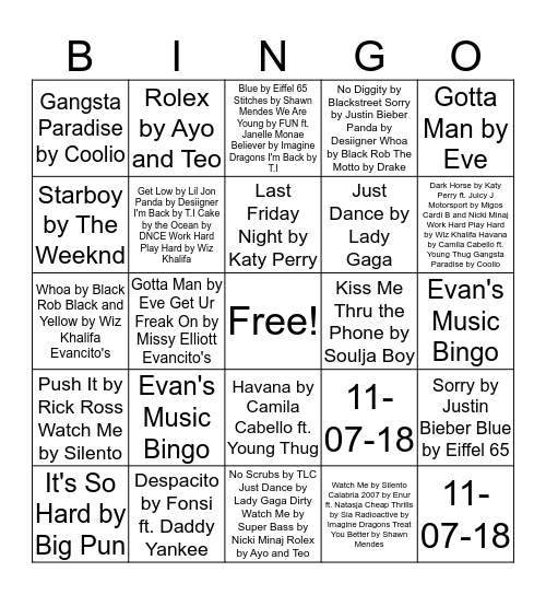 Evan's Music Bingo Card