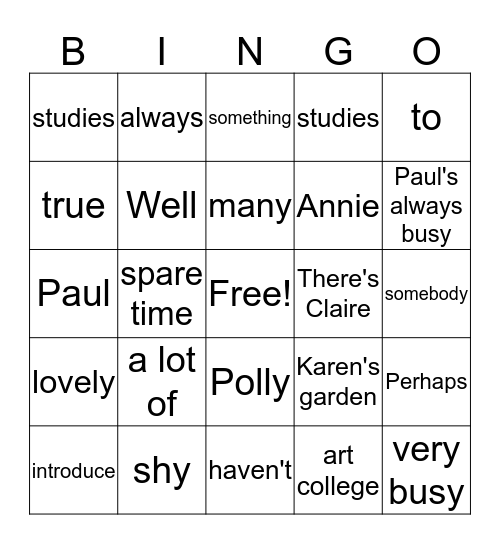 Lesson 43 Bingo Card