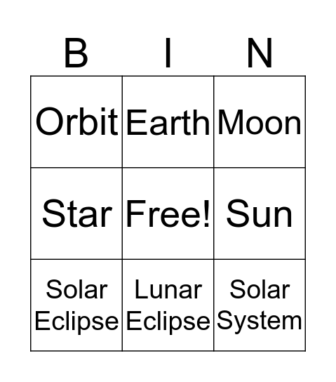 Earth, Moon, and Sun Bingo Card
