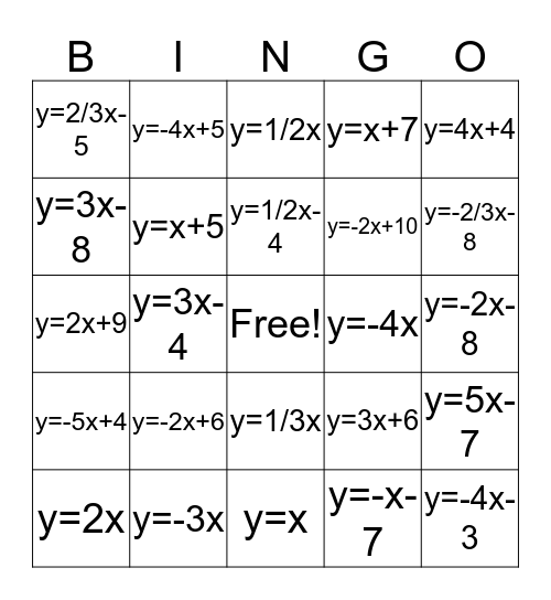 Graphing Linear Functions Bingo Card