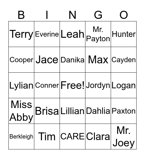 CARE Name Bingo Card