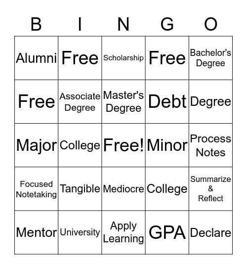 Higher Learning Vocabulary Bingo Card