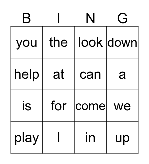 Sight Word Bingo Card