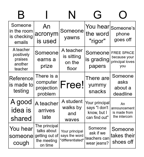 Faculty Meeting Bingo Card