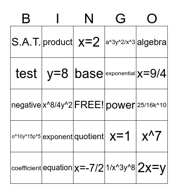 exponents bingo Card