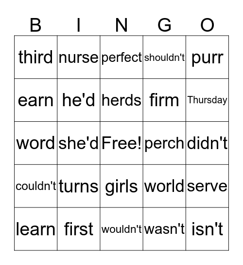 Spelling BINGO Card