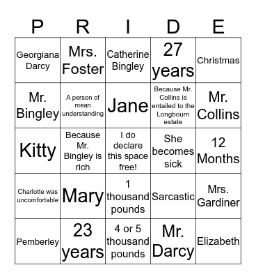 Pride and Prejudice Bingo Card