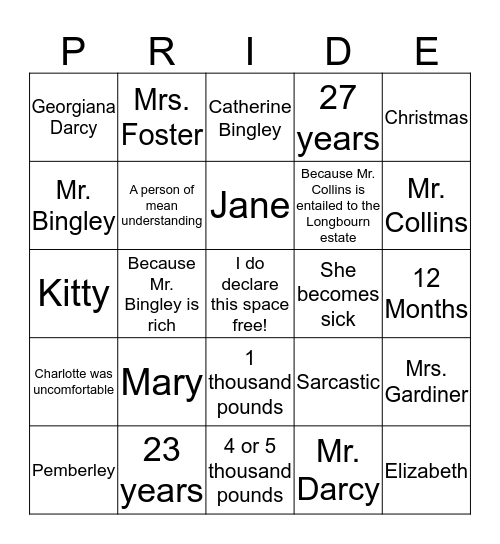 Pride and Prejudice Bingo Card