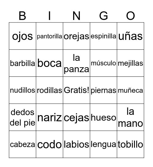 Partes de Cuerpo, por Emilia Bingo Card