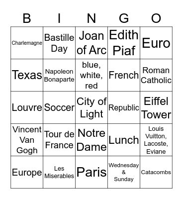 World Tapestries: France Bingo Card