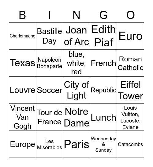 World Tapestries: France Bingo Card