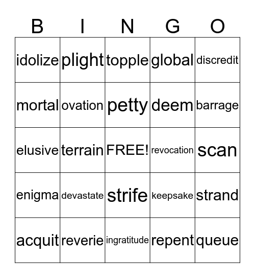 Unit 4 Vocabulary Workshop A Bingo Card
