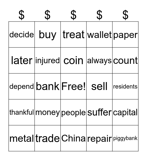 The Story of Money Bingo Card