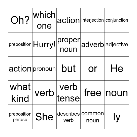 8 parts of speech Bingo Card