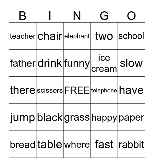 Word Bingo Card