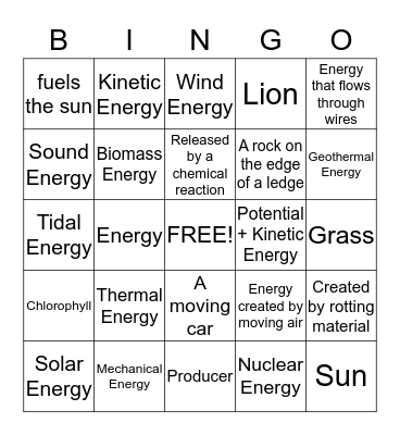 Energy Bingo Card