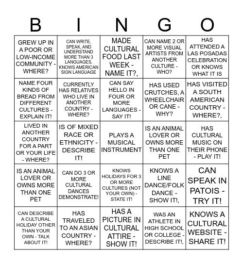 Cultural Bingo Card