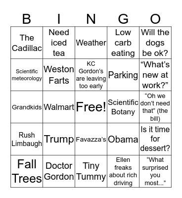 Gordon Family Bingo Card