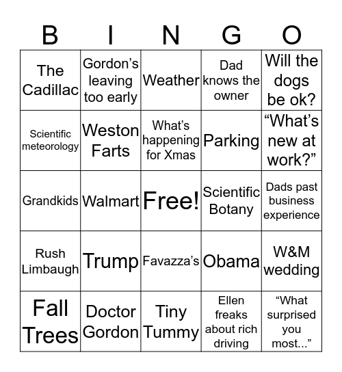 Gordon Family Bingo Card