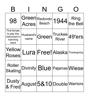 Mabel Jane Bingo Card