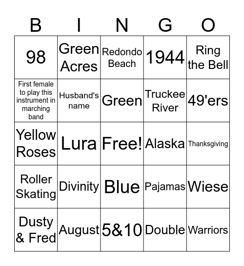 Mabel Jane Bingo Card