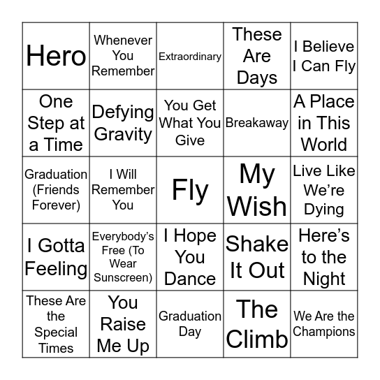 Graduation Songs Bingo Card