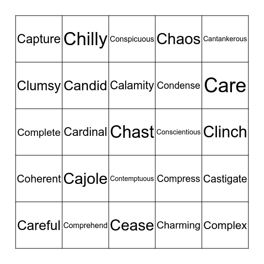 Synonyms: Words Starting with C  Bingo Card