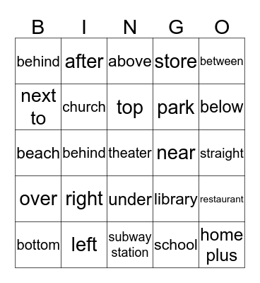 Directions & Prepositions of Place Bingo Card