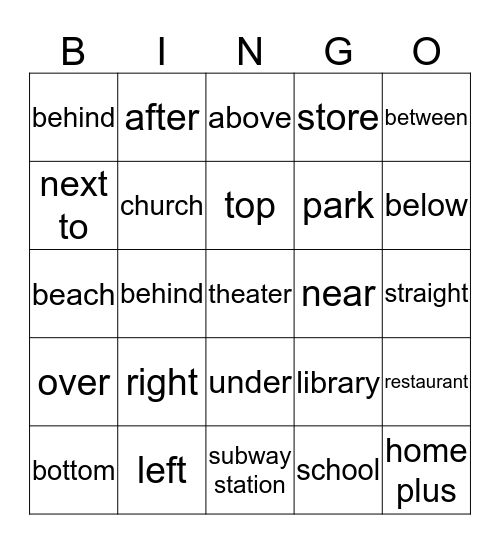 Directions & Prepositions of Place Bingo Card