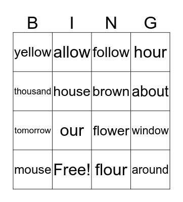 Spelling Words -ou & ow Bingo Card