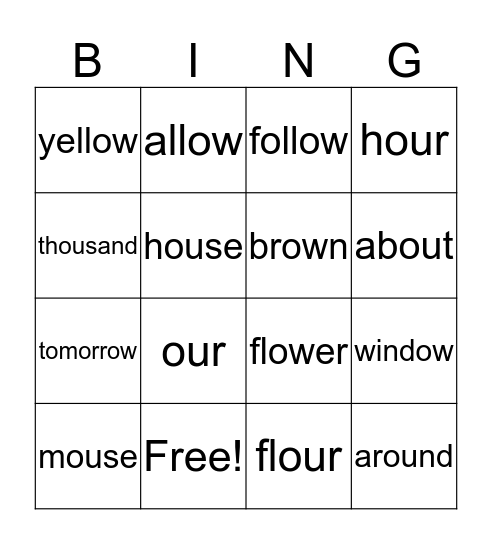 Spelling Words -ou & ow Bingo Card