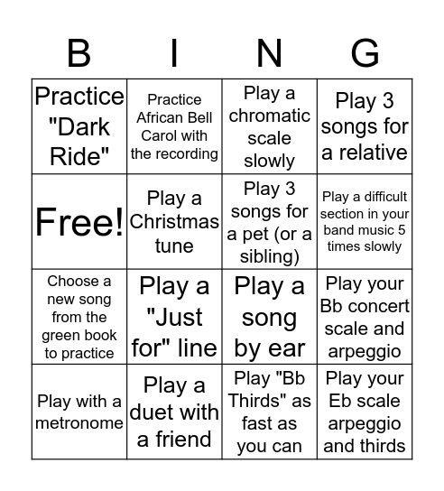 Grade 9 Band Bing(o) Bingo Card