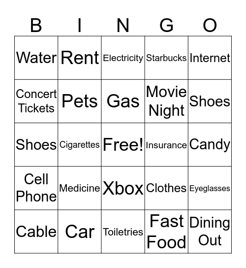 Wants vs Needs Bingo Card