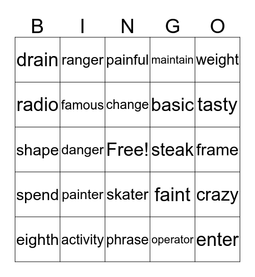 Spelling List D-3 Bingo Card