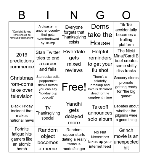 November 2018 Bingo Card