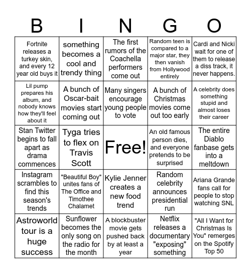 November 2018 in Pop Culture Bingo Card