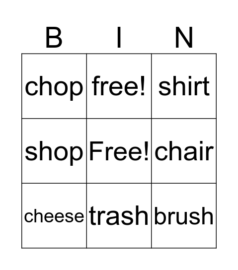 Bingo: sh and ch words Bingo Card