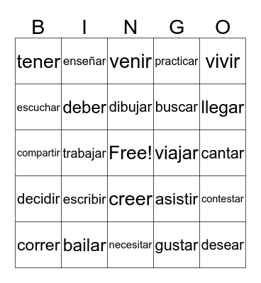 Infinitive verbs -ar, -er and -ir Bingo Card