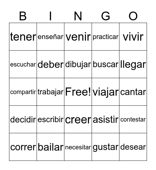 Infinitive verbs -ar, -er and -ir Bingo Card