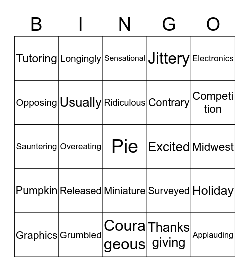 New Words Thanksgiving 2018 Bingo Card