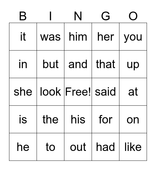 sight word bingo Card
