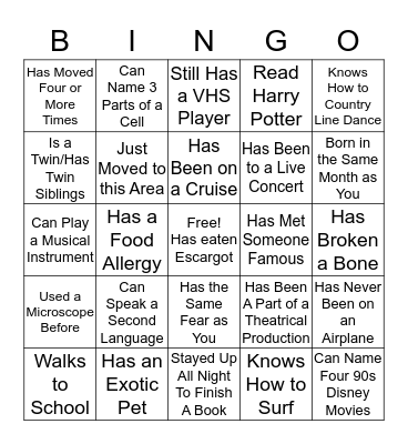 Getting To Know Each Other Bingo Card