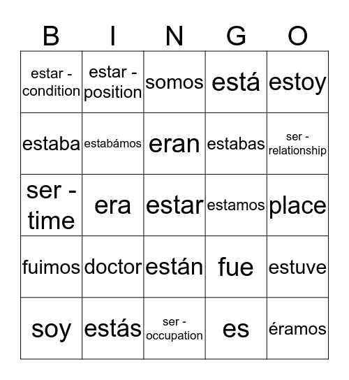 ser vs estar Bingo Card