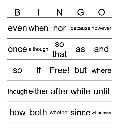 Conjunction Bingo Card