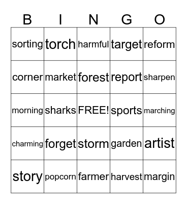 Or and Ar word Bingo Card